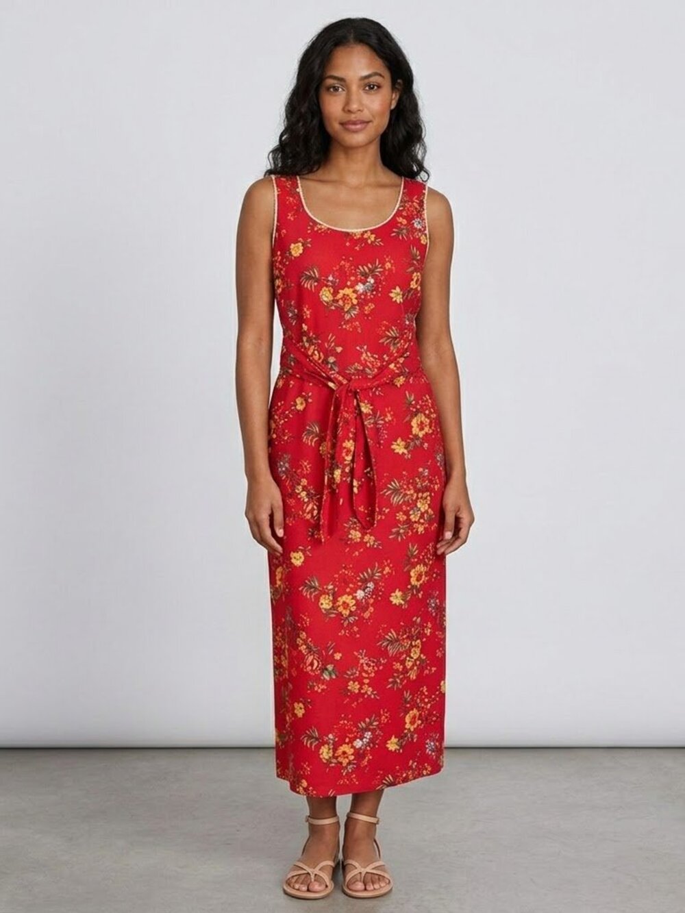 Jessica Howard vintage linen blend red floral sleeveless tie waist maxi dress 12